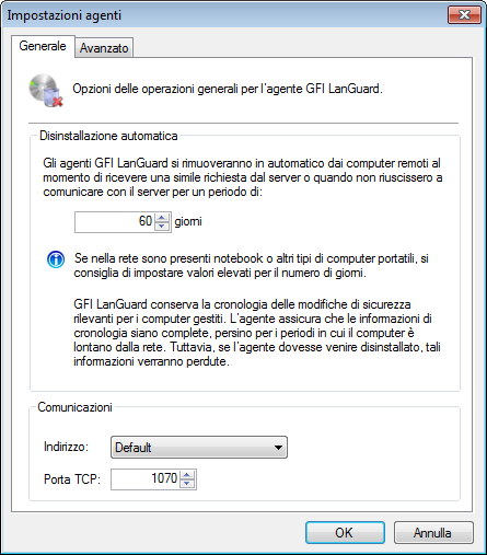 Tabella 17: Impostazioni avanzate agente relay Opzione Directory di memorizzazione nella cache Porta di comunicazione Indirizzo del server Descrizione Tutte le patch e gli aggiornamenti vengono