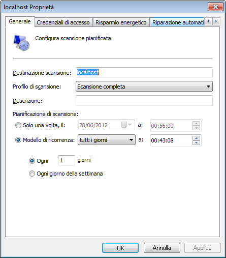 Schermata 43: Proprietà scansione pianificata Tabella 36: Proprietà scansione pianificata Scheda Generale Credenziali di accesso Risparmio energetico Riparazione automatica Creazione di rapporti