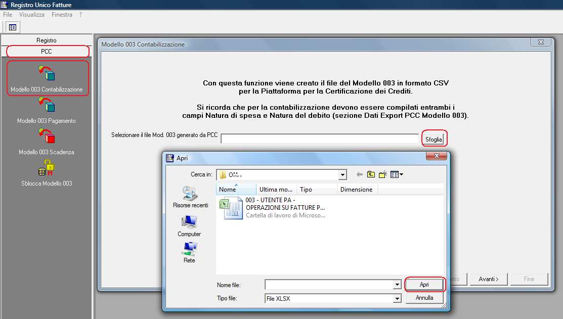Se dopo aver selezionato il file 003 generato da PCC appare il messaggio Impossibile trovare il provider è necessario scaricare il AccessDatabaseEngine.