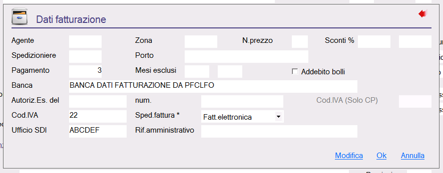 NOTA BENE Alcune informazioni (come il codice pagamento, la banca del fornitore, il codice ufficio destinatario ) possono essere inserite nella scheda