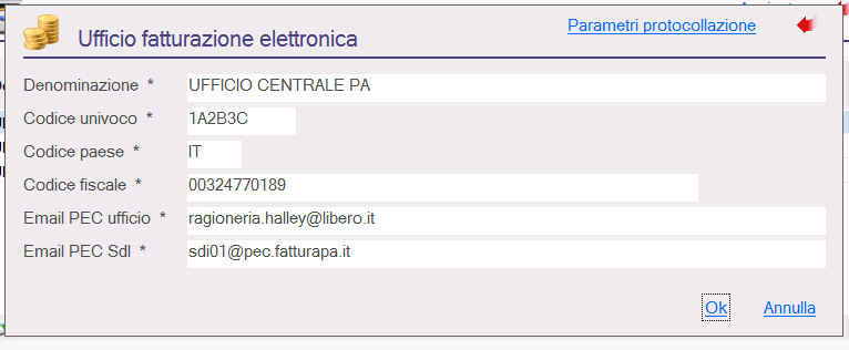 andare nella funzione Manutenzione / Codici della procedura / Uffici fatturazione elettronica: se presente già un rigo, verificare e completare se necessario le informazioni mancanti, altrimenti