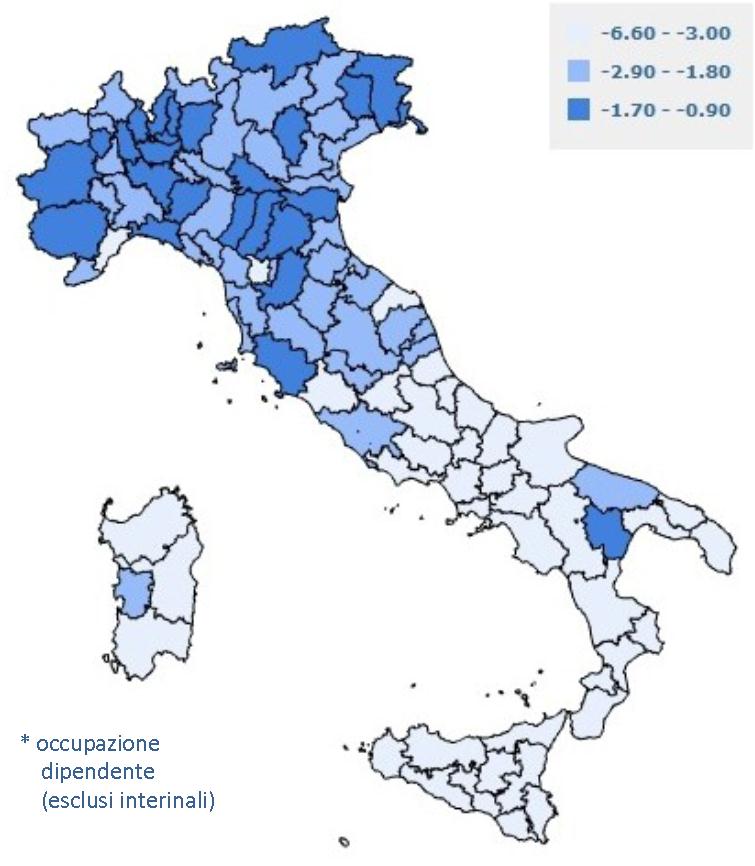 dipendenti - 145.550 (-4,6%) Centro -52.790 (-2,3%) ITALIA - 245.660 (-2,2%) Sud e Isole -87.610 (-3,6%) Nord Est -49.