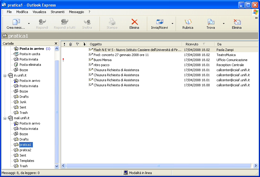 Client IMAP: Outlook-Express Vediamo nel vecchio Account la cartella pratica1 che