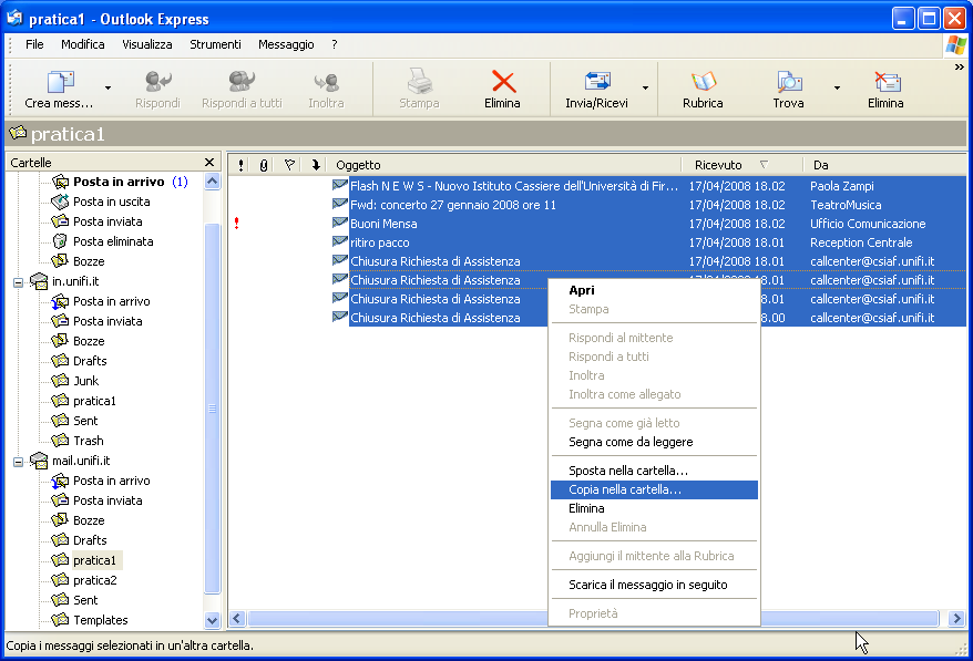 Client IMAP: Outlook-Express Selezioniamo, all'interno della Cartella di origine i messaggi da copiare