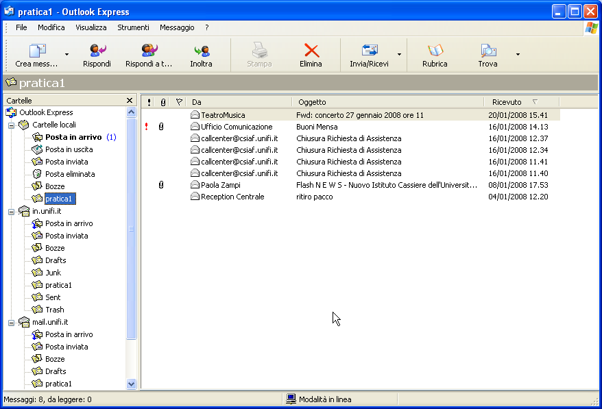 Client IMAP: Outlook-Express In questo caso vediamo che i messaggi selezionati sono stati copiati nella Cartella pratica1 all'interno delle Cartelle