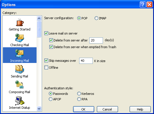 Eudora 7.1 - POP3 o IMAP? 3) Selezionando a sinistra la Categoria Posta in entrata (Incoming Mail) sul primo rigo è indicato il tipo di configurazione Server, POP o IMAP.