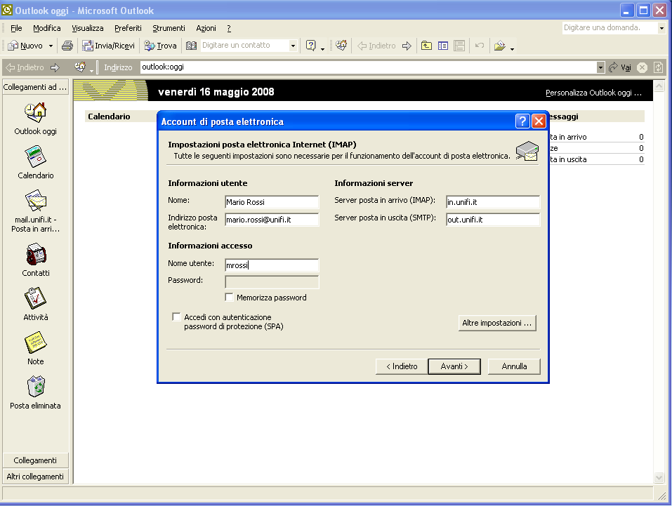 Client IMAP: impostare Microsoft Outlook 4) Inserire le informazioni utente: (nome e cognome - indirizzo posta elettronica nella forma nome.cognome@unifi.