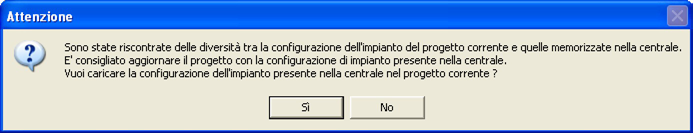 15 > Cliccando su ESCI apparirà il seguente messaggio > Cliccare il pulsante SI per caricare la configurazione dell impianto presente nella Centrale > Cliccare il pulsante NO per mantenere inalterato