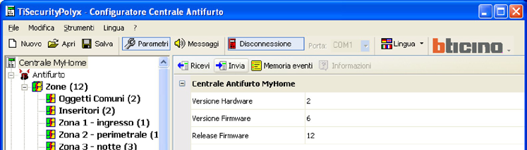 TiSecurityPolyx 20 7.2.2 Inviare i parametri di configurazione Questa funzione permette di inviare alla Centrale i parametri di configurazione.