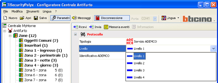 47 7.4.6 Protocollo - ADEMCO Questa impostazione permette l invio automatico delle segnalazioni di allarmi ed eventi a centrali di vigilanza che utilizzano il protocollo Contact ID.