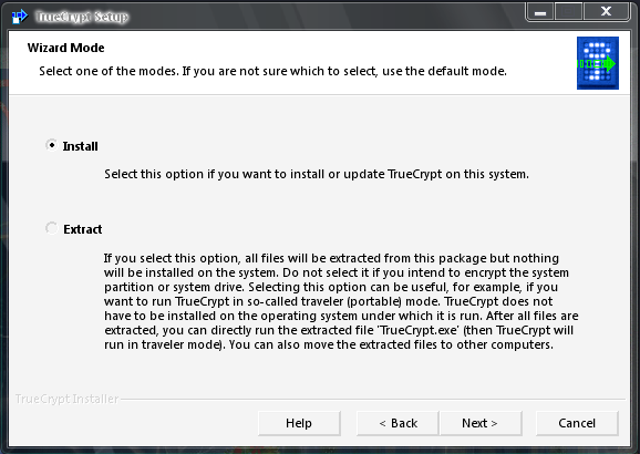 4. Illustrazione: Finestra di dialogo Wizard Mode del TrueCrypt Setup Nella finestra di dialogo successiva, riepilogativa delle opzioni scelte precedentemente cliccare su Install.