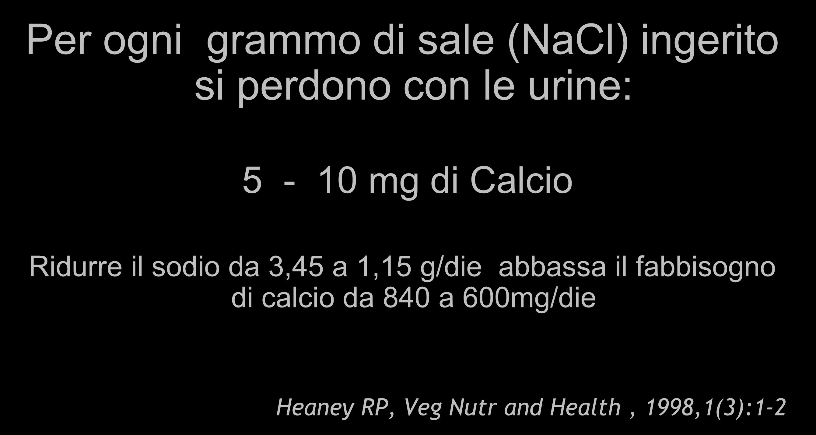 CALCIO E SODIO Per ogni grammo di sale (NaCl) ingerito si perdono con le urine: 5-10 mg di Calcio Ridurre il sodio
