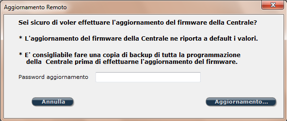 Il messaggio che appare vi informa che il software di aggiornamento remoto potrebbe riportare l unità principale ai suoi valori di fabbrica, per questo motivo consigliamo di effettuare una copia di