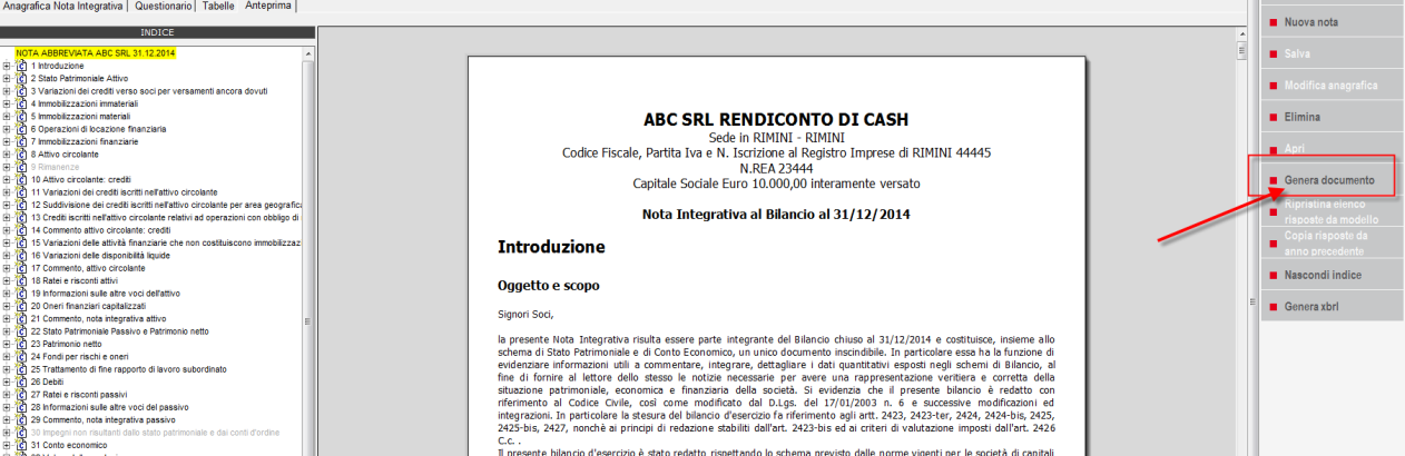 5. GENERAZIONE DEL DOCUMENTO (FORMATI RTF e PDF/A) Cliccando sul pulsante Genera documento, viene creato il documento della sola Nota integrativa nei formati RTF (Word) e PDF/A e contestualmente