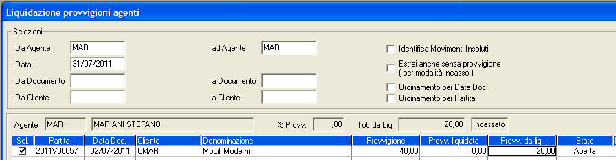 tale situazione con il messaggio Registrando successivamente un incasso della partita in sofferenza, vengono liquidate le provvigioni di competenza: Esempio di Liquidazione provvigioni agenti In