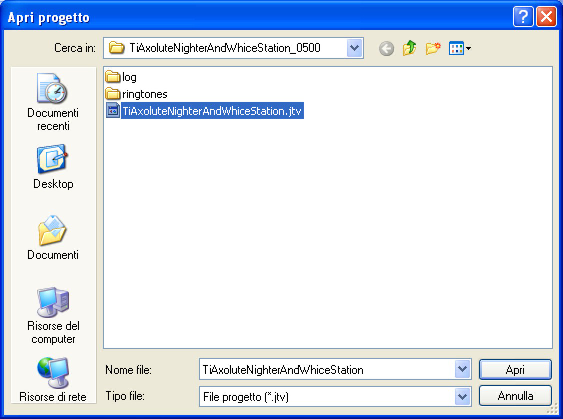 TiAxoluteNighterAndWhiceStation 8 3.3. Apri progetto Permette di caricare nel programma TiAxoluteNighterAndWhiceStation un progetto precedentemente realizzato e successivamente archiviato sul PC.