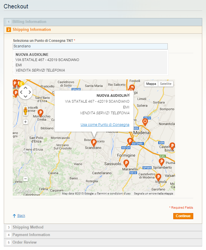 Nella schermata successiva del checkout verrà presentata una mappa con i TNT Point ricevuti dall'url