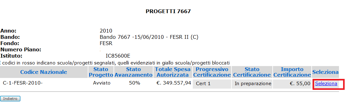 Selezionando il tasto ricerca si visualizzerà la seguente schermata: Sulla quale l Istituzione Scolastica potrà procedere ad allegare la documentazione comprovante la spesa (allega documenti) ovvero