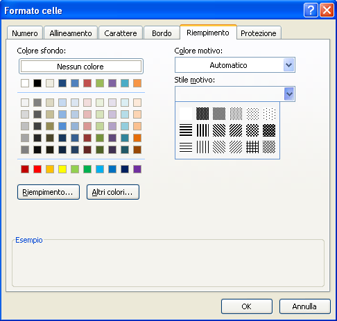 G. Pettarin ECDL Modulo 4: Excel 78 Riempimento Il motivo è il colore di sfondo delle celle. La scheda Motivo permette di scegliere il colore di sfondo per le celle selezionato.