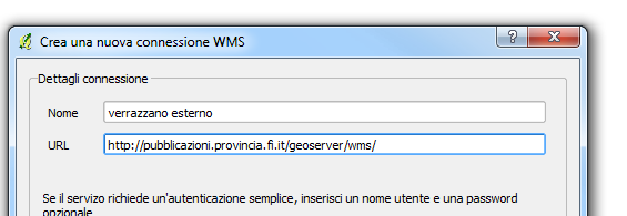 4. Nella finestra che appare ( Crea una nuova connessione WMS ) andare in Dettagli connessione e riempire i campi Nome e URL con i parametri per