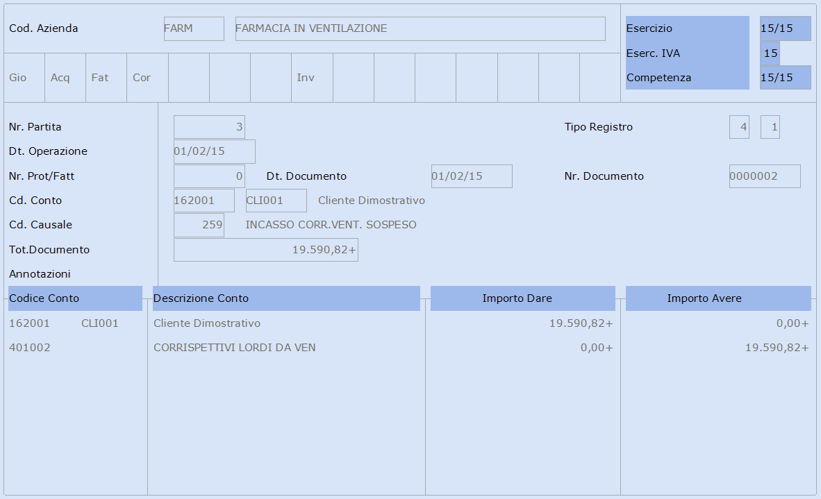 Gli Incassi 01/02/2015 Registrazione movimento di incasso del 1 scontrino (Corrispettivo a ventilazione) di euro 19.590,82 con causale 259 in Prima Nota IVA.