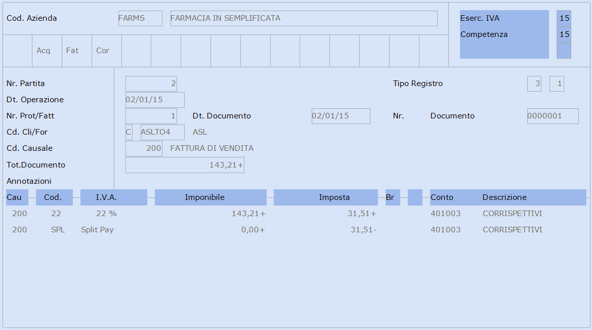 02/01/2015 Registrazione del 2 scontrino (corrispettivo a scorporo) di 174,72 con causale 200 (campo <SCONTRINO A CREDITO DA EMETTERE CON IMP.