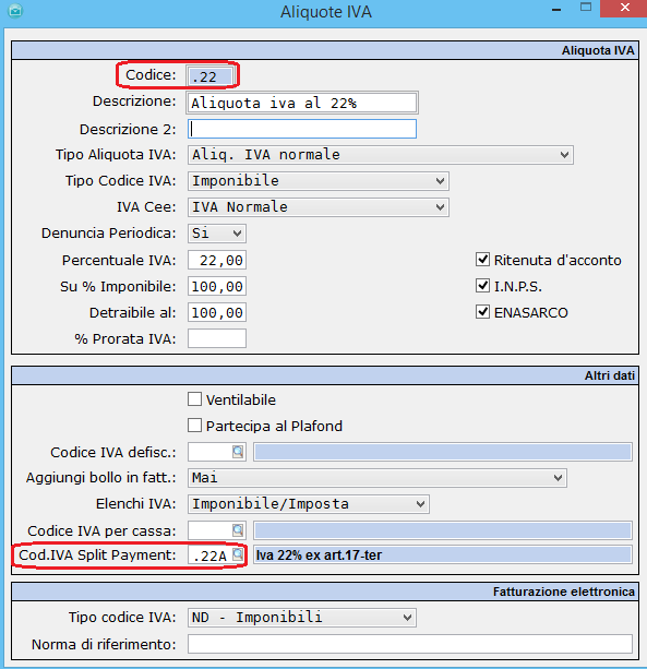 Dopo aver creato il codice Iva specifico, occorrerà collegare questo codice Iva al codice Iva utilizzato per l aliquota normale. Per esemplificare, se l aliquota 22% è rappresentata dal codice Iva.