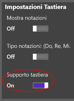 Per visualizzare le lettere della tastiera del computer sui rispettivi elementi della batteria, andare in impostazioni del progetto ed attivare il supporto tastiera: