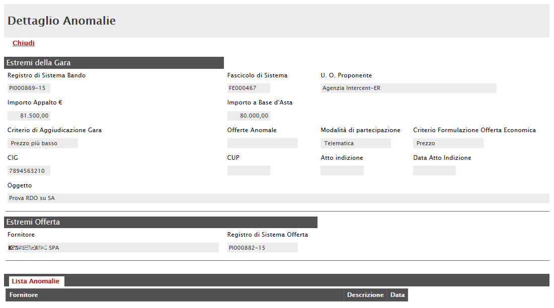 Figura 13: Procedura di aggiudicazione Dettaglio Anomalie Fornitore : Ragione Sociale dell Operatore Economico; Posizionamento Offerta : per visualizzare la graduatoria della singola offerta; Stato :