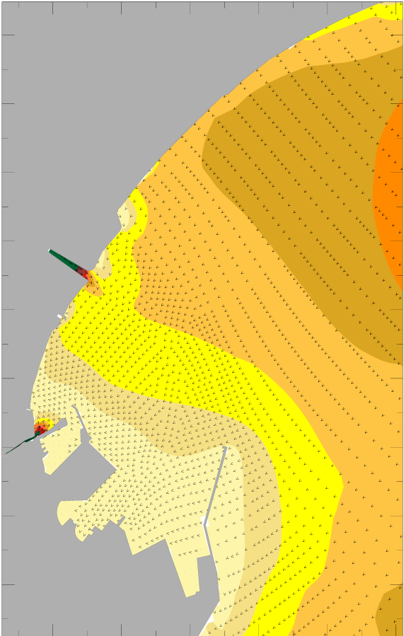 VELOCITA NELLO STRATO SUPERFICIALE (scenario con marea media e vento da NE) CONDIZIONE DI MAX.