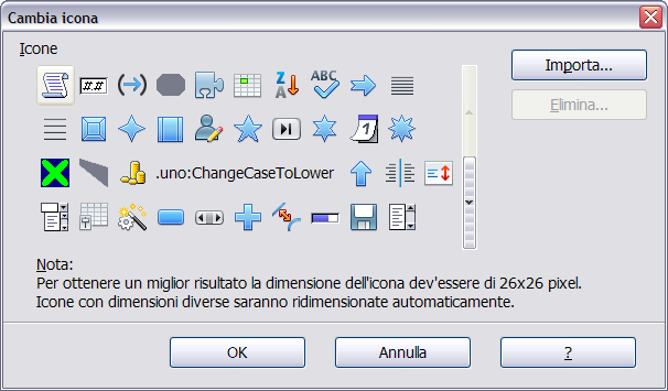 Figura 5: Finestra Cambia icona Per utilizzare un'icona personalizzata createla in un programma di grafica e importatela in OOo cliccando sul pulsante Importa nella finestra Cambia icona.