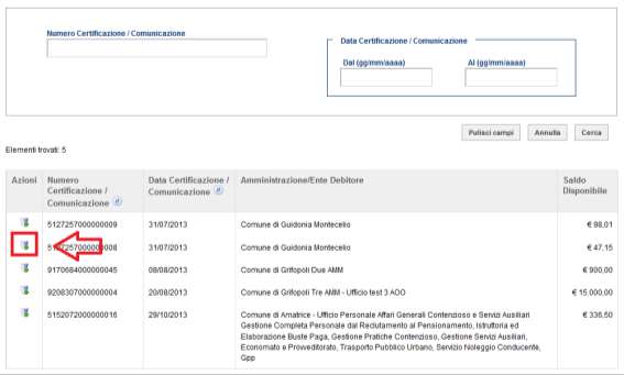 4. individuare i crediti certificati da utilizzare per la richiesta di rilascio del DURC e selezionarli mediante il tasto.