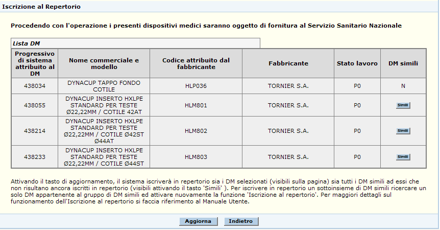 Nome Azione Descrizione Pagina Chiamata dall utente. Indietro Torna alla pagina della lista dei DM senza effettuare Pagina Lista DM l iscrizione o la revoca dell iscrizione al repertorio.