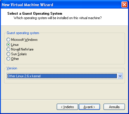 Selezionare come sistema operativo Linux: In seguito, verrà chiesto di salvare la virtual machine in una posizione dell host, scegliete la directory che preferite.