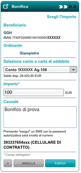 Manuale Utente Carige Mobile 16 Passo 2: inserimento dati del bonifico Conto o carta di addebito: selezionare dal menù a tendina il conto o la carta di addebito.