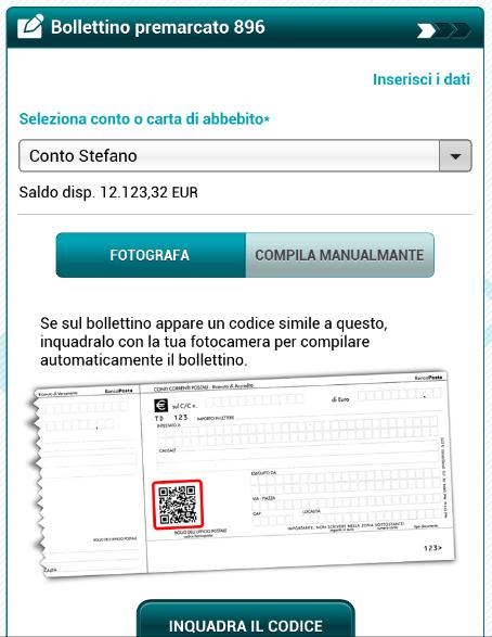 Manuale Utente Carige Mobile 29 Bollettino postale premarcato 896- modalità QR Code Selezionare il tasto Premarcato (896).