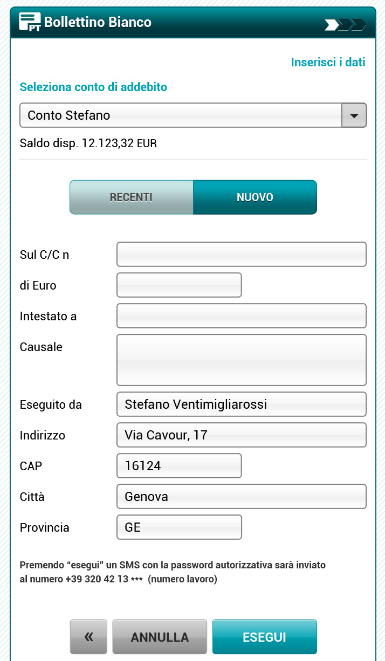 Manuale Utente Carige Mobile 33 Bollettino postale bianco Selezionare il tasto Bianco (123 e 451). Passo 1: compilazione del bollettino Conto di addebito: selezionare il conto di addebito.