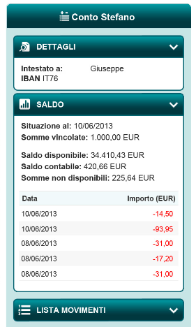 Manuale Utente Carige Mobile 6 Dettaglio conti In questa mappa sono disponibili le informazioni dei dettaglio del conto ovvero: