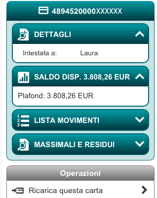 Manuale Utente Carige Mobile 9 Dettaglio carta In questa mappa si possono visualizzare i dettagli della carta: Intestatario Saldo disponibile