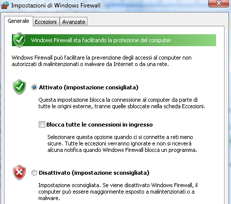 Controllare lo stato di Windows Firewall Per controllare lo stato di Windows Firewall sono disponibili sia il Centro Sicurezza PC all interno del Pannello di controllo, sia i messaggi a forma di