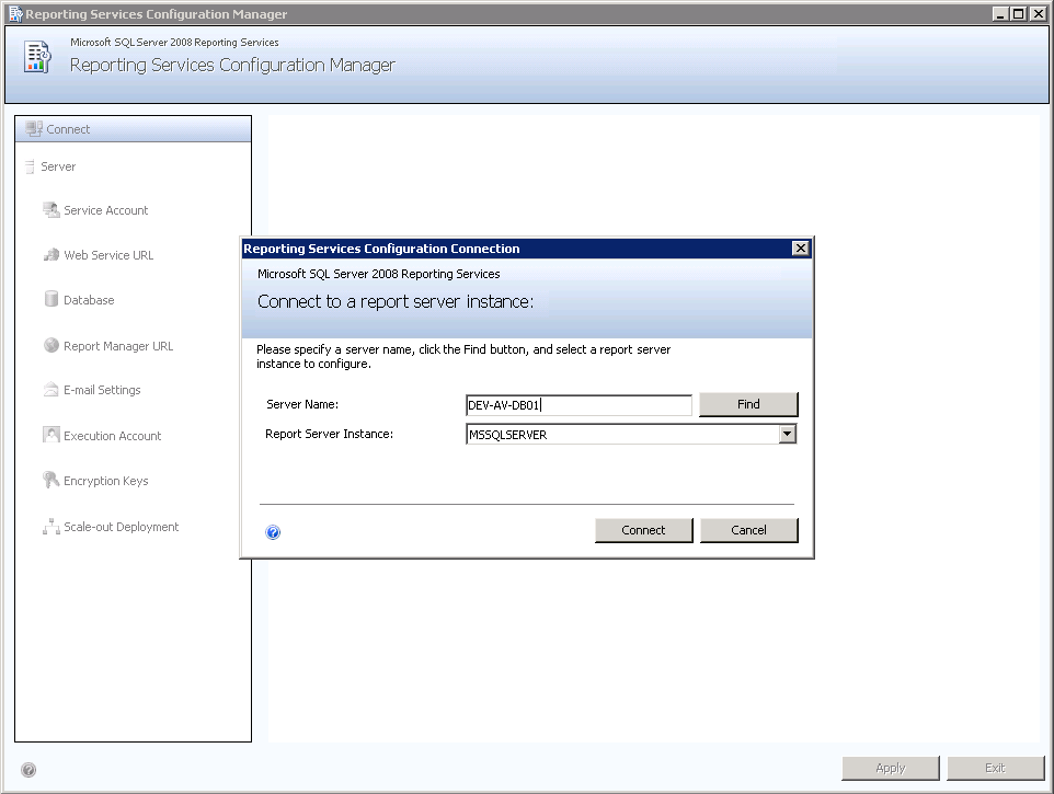 Configurazione di SQL Server Reporting Services 1.