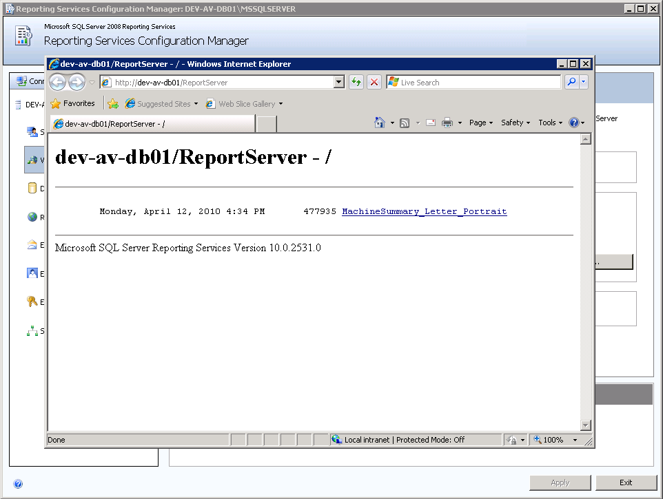 Configurazione di SQL Server Reporting Services 4. Viene visualizzata la pagina di conferma Report Server.
