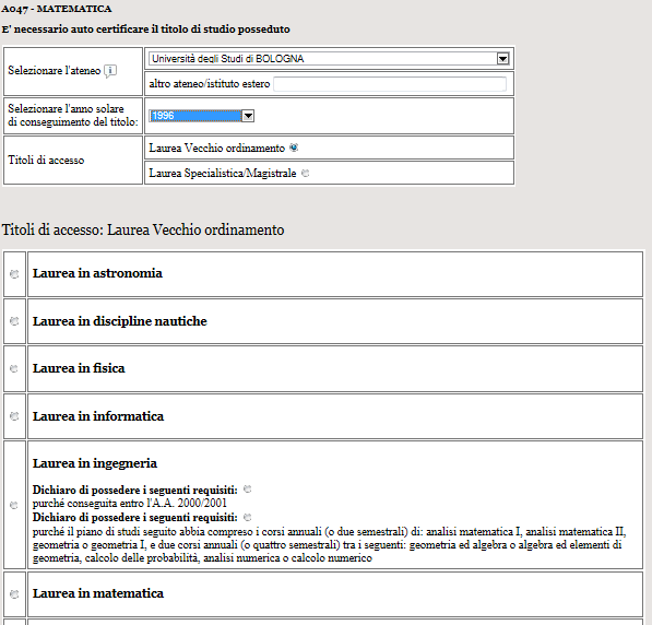 Dopo aver selezionato l Ateneo dall elenco precaricato (solo se lo studente ha conseguito il titolo all estero dovrà riempire il campo altro ) e valorizzato l anno di conseguimento del titolo, il