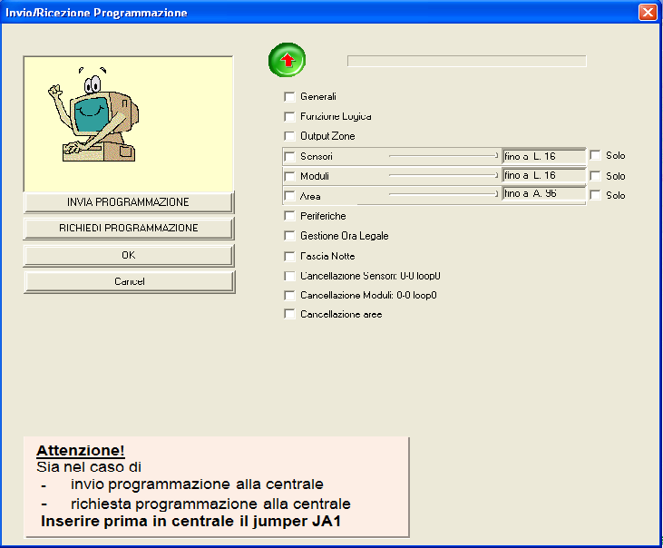 8.2 Trasferimento dati A questo punto, a seconda delle impostazioni effettuate, possono comparire tre finestre. 8.2.1 Connessione OK La seguente finestra compare quando non ci sono problemi nelle impostazioni e nella programmazione.