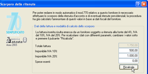 Compenso lavoro 1 (al 20% di IVA) 1.000,00 Componso lavoro 2 (al 10% di IVA) 500,00 Imponibile 20% 1.000,00 Imponibile 10% 500,00 Iva 20% 200,00 Iva 10% 50,00 Totale fattura 1.