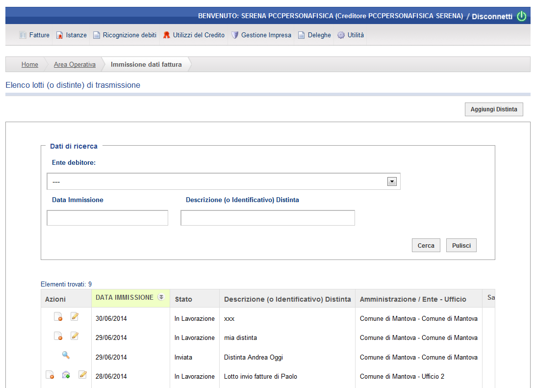 Figura 48 N.B. Se una distinta è nello stato Inviata è consentita la sola visualizzazione dei dati immessi; se, invece, è nello stato In lavorazione è consentita anche la modifica dei dati.
