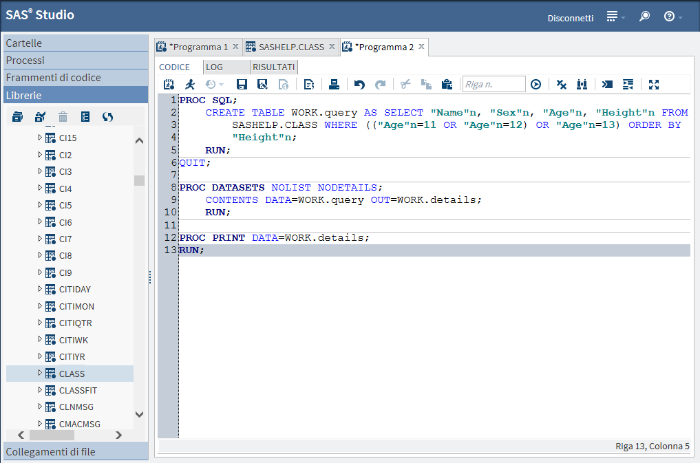 18 Capitolo 4 Utilizzo di SAS Studio per generare codice Questo programma è una copia del codice che SAS Studio ha creato e non è più associato al visualizzatore di tabelle.