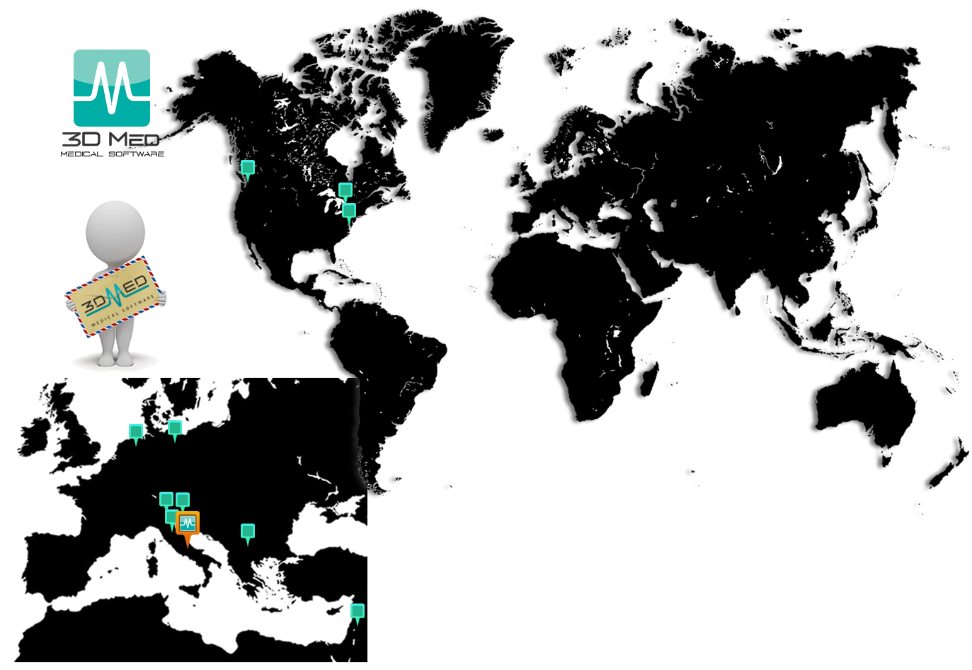 Business map In pochi anni 3D Med instaura importanti collaborazioni con società e centri di ricerca famosi in tutto il mondo riuscendo ad integrare ed ottimizzare processi di produzione all