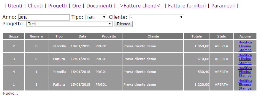 Cerca un documento selezionando un progetto Clicca sul nome del documento per scaricarlo Figura 6 Fatture clienti Nella sezione fatture clienti puoi inserire e cercare fatture.