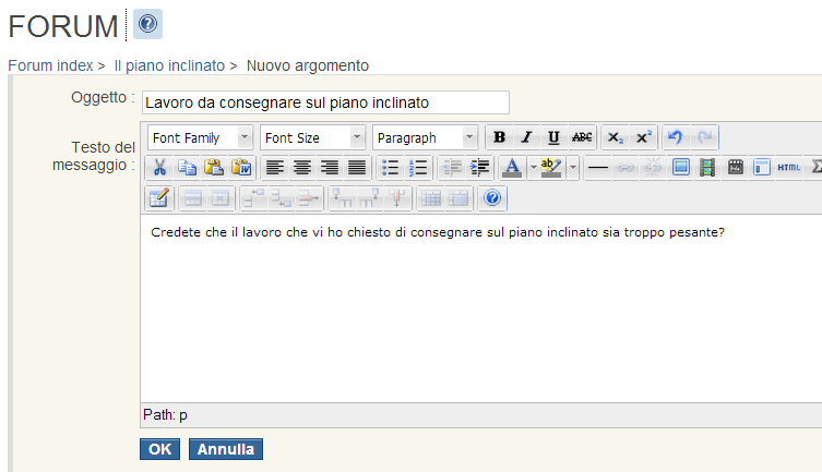 Ogni partecipante al corso, sia docente che studente, può creare un nuovo argomento di discussione, oppure proseguire una discussione esistente.